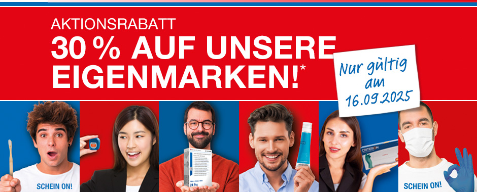 Am 16.09.2025 ist Henry Schein Eigenmarkentag und Sie erhalten 30% Rabatt auf gesamtes Eigenmarkensortiment* 